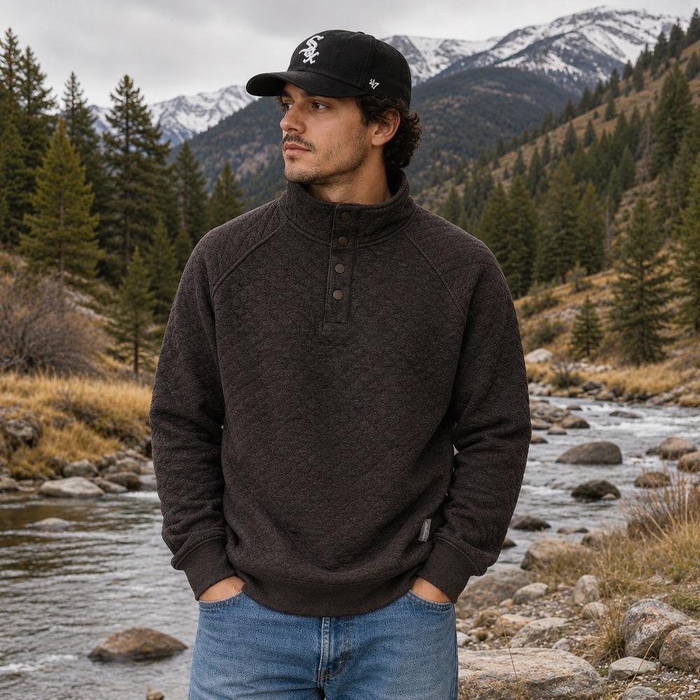 Eddie Bauer Sweatshirt Mens Large Brown Quilted Snap Mock Neck Pullover Fleece